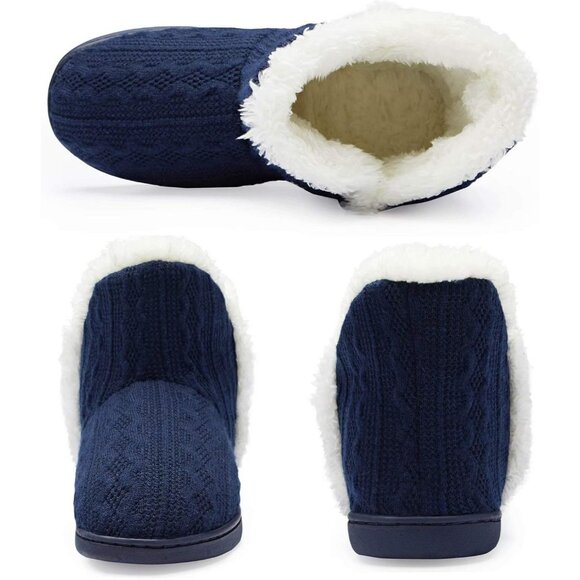 Women's Winter Warm Fluffy Fur Lined Plush Bootie Slippers Dark Blue White Shoes - Picture 4 of 7